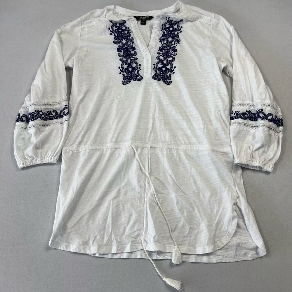 Lauren Ralph Lauren Womens V-Neck Tunic Embroidered Cotton 3/4 Sleeve White Sz S